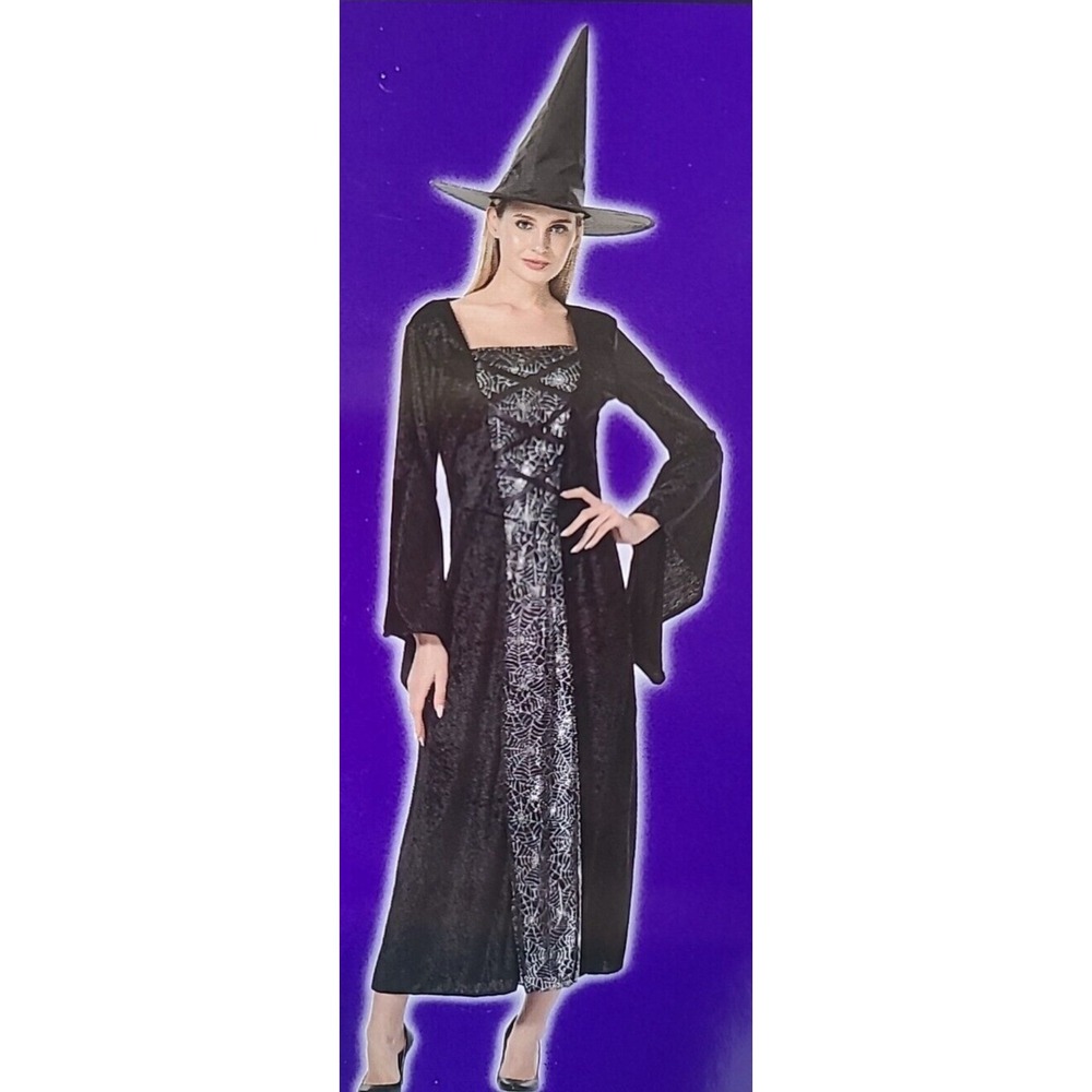 Totally Ghoul Ladies Silver Spider Witch Halloween Costume Dress Witch Hat New